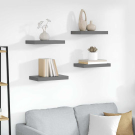 VidaXL sienas plaukti, 4 gab., 40x23,5x3,8 cm, MDF, spīdīgi pelēki.