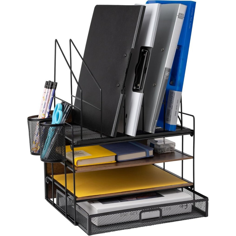 Znmydmt galda organizators ar 4 līmeņiem, vintage koka galda organizators ar 5 vertikāliem failu turētājiem un 2 pildspalvu turētājiem