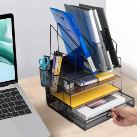 Znmydmt galda organizators ar 4 līmeņiem, vintage koka galda organizators ar 5 vertikāliem failu turētājiem un 2 pildspalvu turētājiem