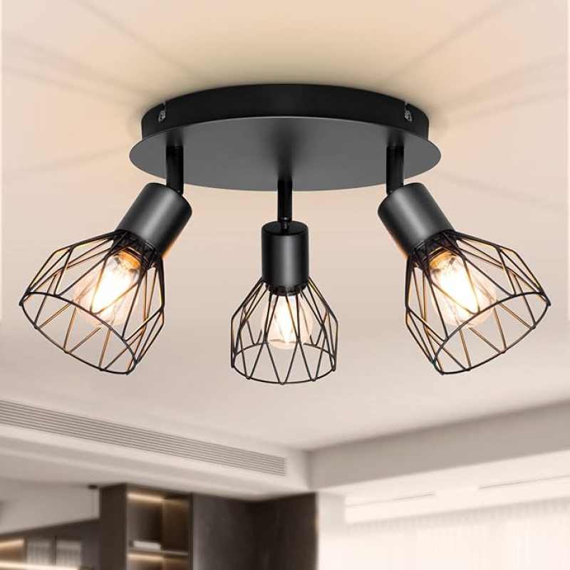 LED griestu lampa ar 3 spuldzēm, grozāms, melns, apaļš, E14