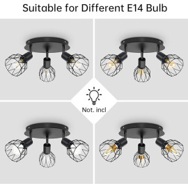LED griestu lampa ar 3 spuldzēm, grozāms, melns, apaļš, E14
