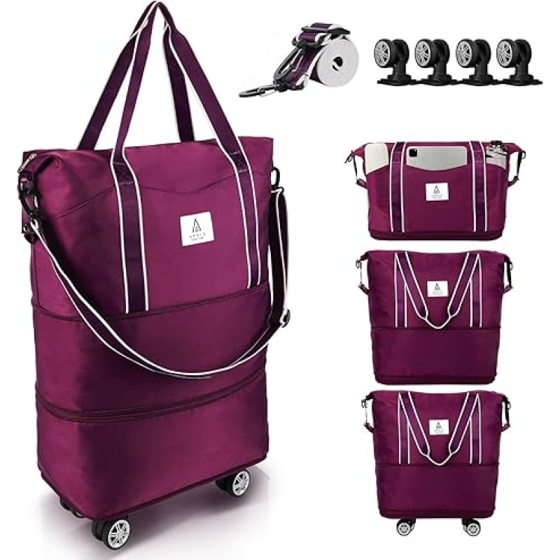 Arxus ceļojumu soma ar noņemamiem riteņiem un regulējamu plecu siksnu, liela, paplašināma, salokāma rokas bagāžas soma ar rokturi,ceļojumam ar lidmašīnu 25L-55L