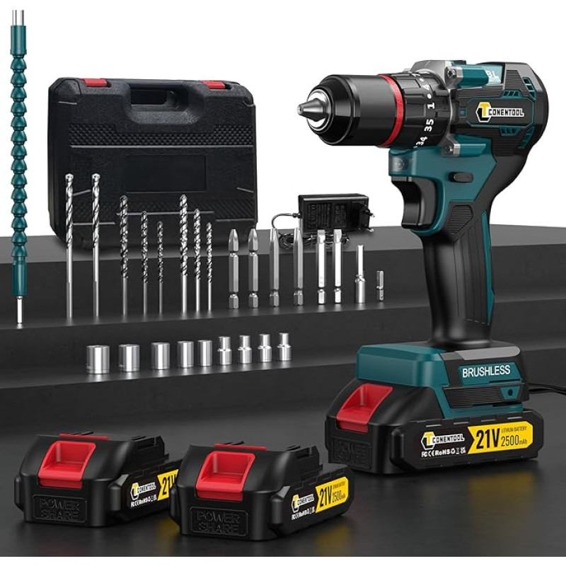 Conentool 21 V bezsuku urbjmašīnas/skrūvgrieža komplekts ar 2 x 2500 mAh akumulatoriem