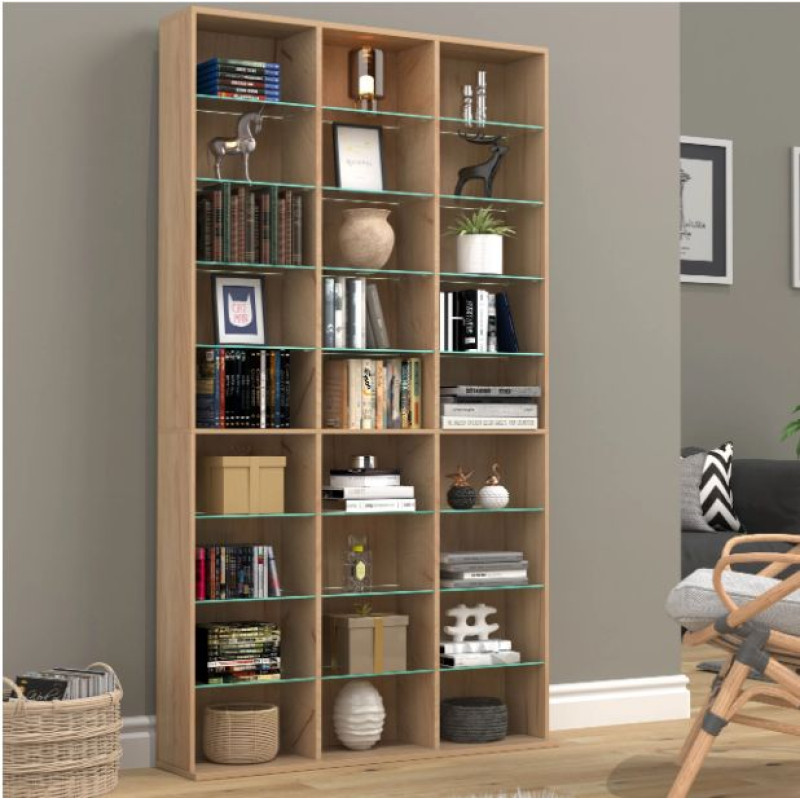 VCM CD/DVD plaukts, grāmatu plaukts, istabas sadalītājs, dekoratīvs plaukts, ar stikla plauktiem “Zilas XL”.