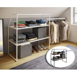 VCM metāla atvērts drēbju skapis, pārvietojams drēbju statīvs, slīpa jumta plaukts, balts.