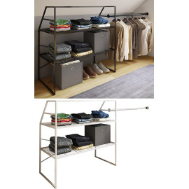 VCM metāla atvērts drēbju skapis, pārvietojams drēbju statīvs, slīpa jumta plaukts, balts.