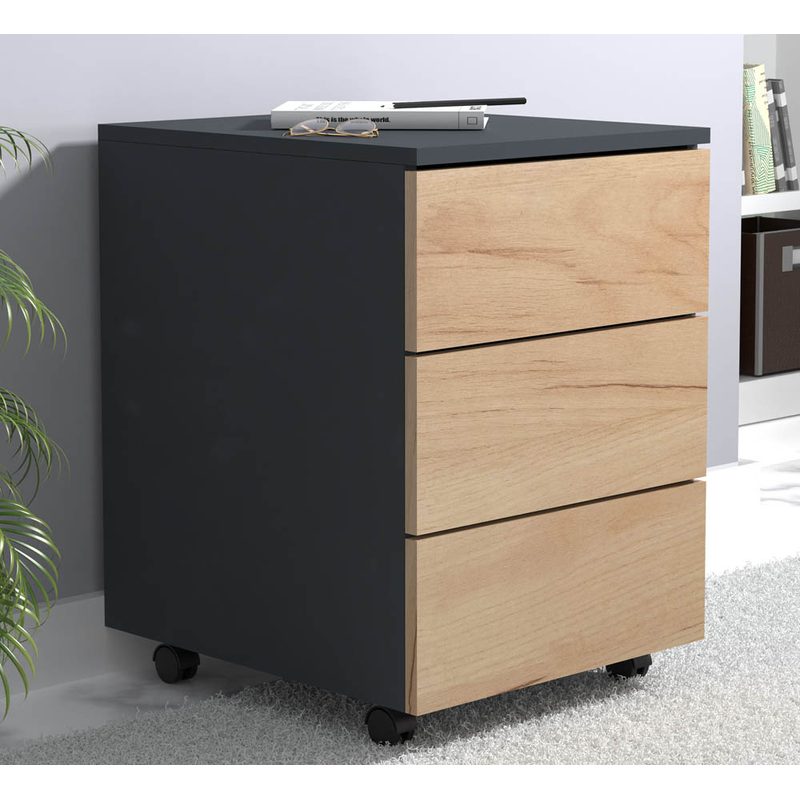 VCM skapītis “Dalosa” uz riteņiem, antracīts/ozols, 3 atvilktnes, 39,0 x 45,0 x 55,0 cm.