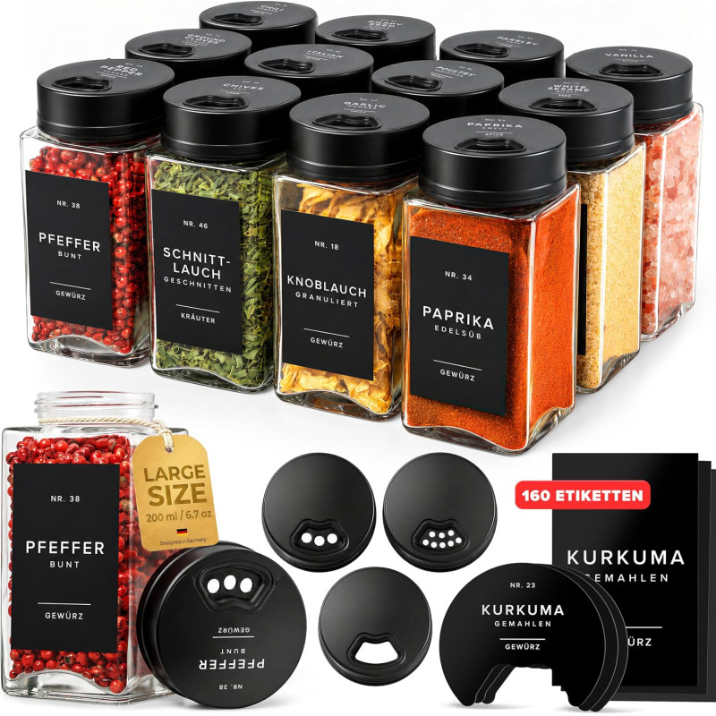 EDELHAUS garšvielu burciņas, 12 × 200 ml, kvadrātveida, ar regulējamiem vāciņiem.