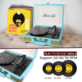 Retrolife 3 ātrumu 33/45/78 apgr./min čemodāna stila Bluetooth atskaņotājs.