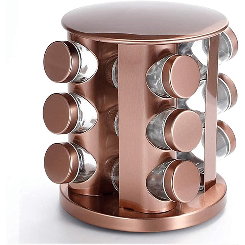 Garšvielu plaukts ar burciņām – rotējošs nerūsējošā tērauda statīvs (Tyrant Gold, 12 burciņas).