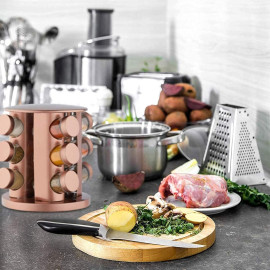 Garšvielu plaukts ar burciņām – rotējošs nerūsējošā tērauda statīvs (Tyrant Gold, 12 burciņas).