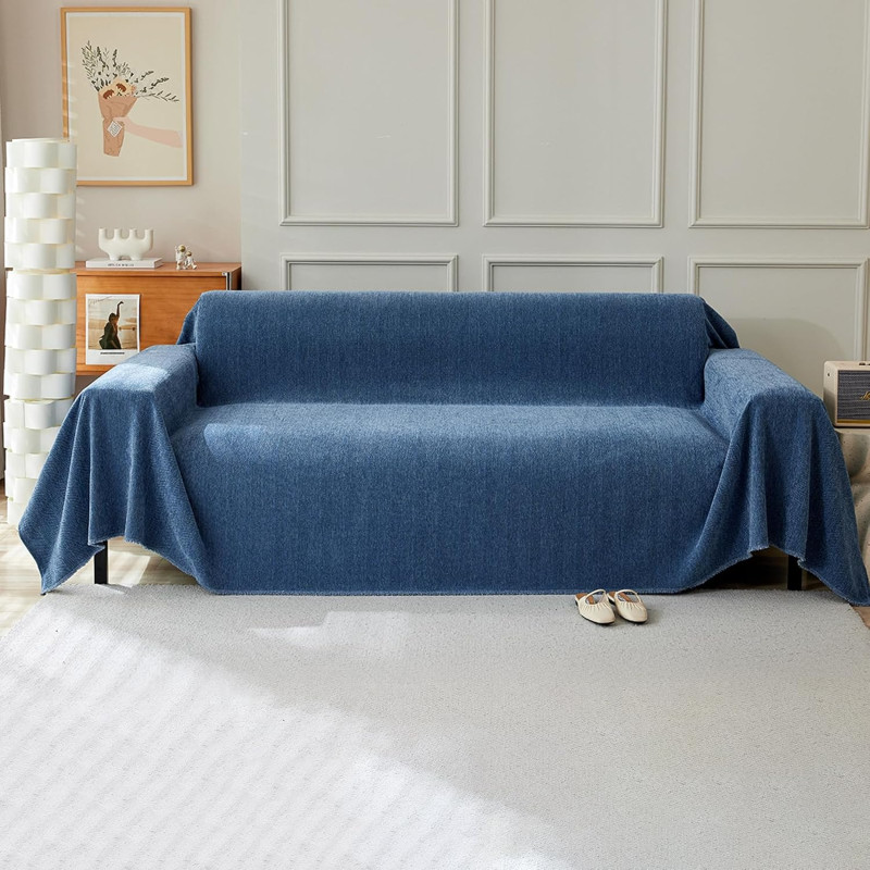 Šenila vienkrāsains dīvāna pārklājs ar dekoratīvām bārkstīm, 230 × 260 cm – zils.