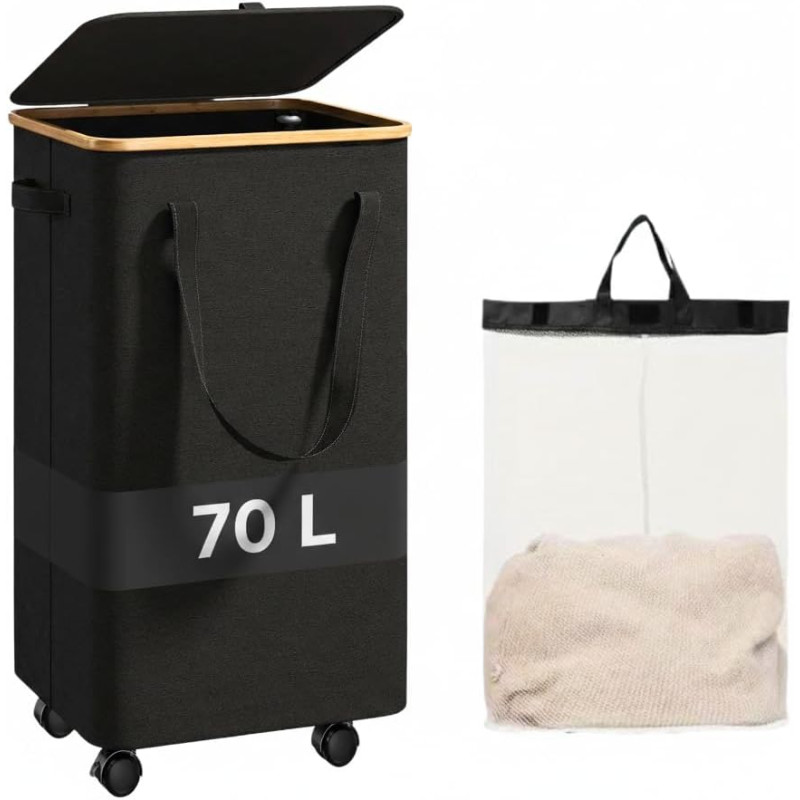 Veļas grozs ar riteņiem un vāku, 70 l.
