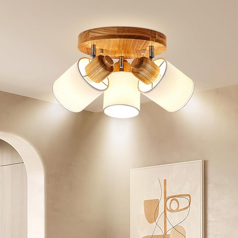Doughelec griestu lampa ar 3 grozāmiem prožektoriem, koka dizains, E14.