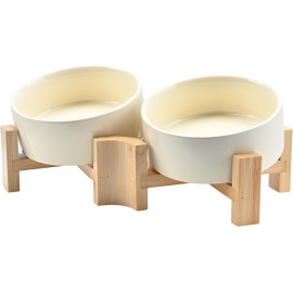 SPUNKYJUNKY 15° slīpa keramikas bļoda sunim vai kaķim ar koka statīvu – neslīdoša, 400 ml x2.