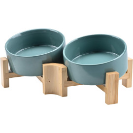 SPUNKYJUNKY 15° slīpa keramikas bļoda sunim vai kaķim ar koka statīvu – neslīdoša, 400 ml x2.