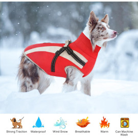 Ūdensnecaurlaidīgs suņu mētelītis ar iejūgu – silta ziemas jaka ar atstarojošām detaļām (sarkana, 4XL izmērs).