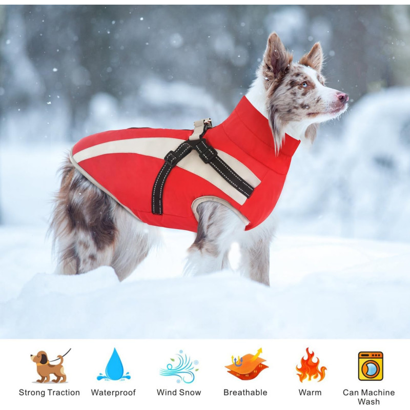 Ūdensnecaurlaidīgs suņu mētelītis ar iejūgu – silta ziemas jaka ar atstarojošām detaļām (sarkana, 4XL izmērs).