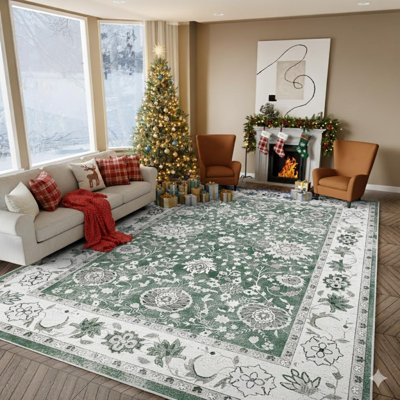 IKALIFE Vintage stila paklājs viesistabai ar īsu plūksnu un neslīdošu pamatni, īpaši mīksts ar ziedu dizainu, 200 x 300 cm, zaļš.