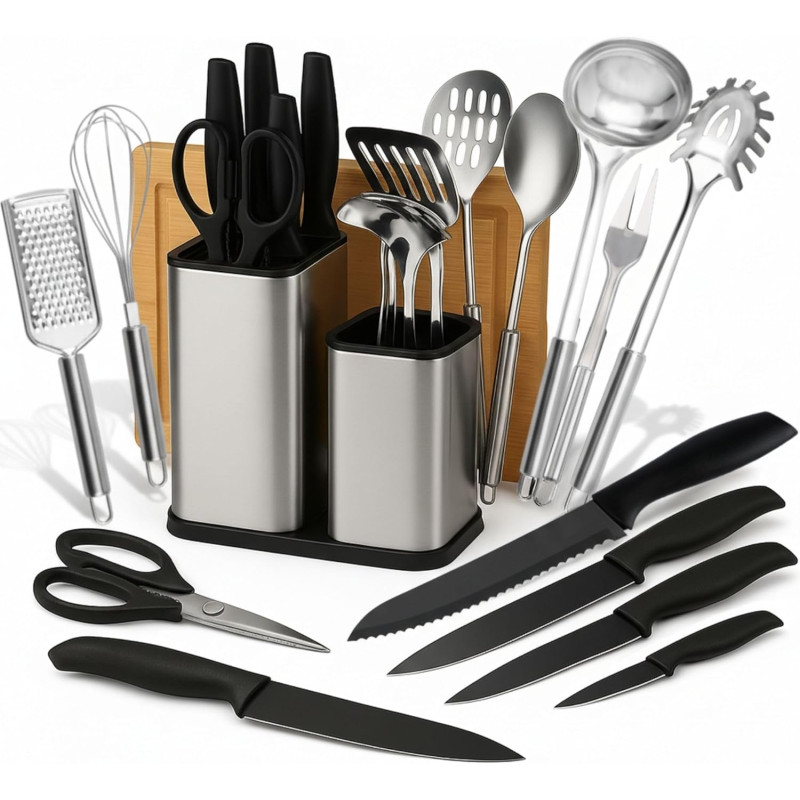 17 daļu nerūsējošā tērauda virtuves piederumu komplekts ar statīvu.