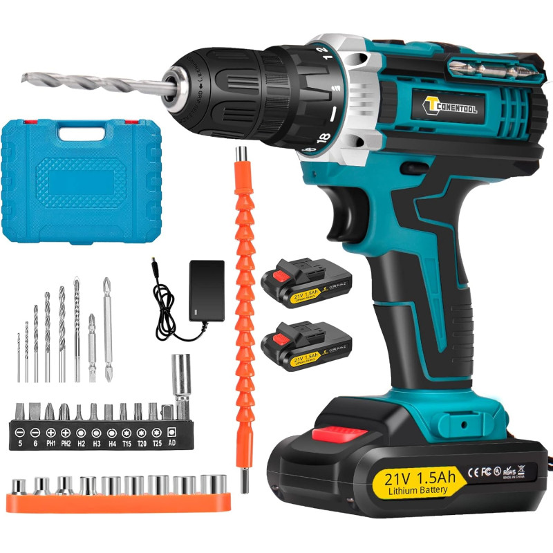 CONENTOOL 21 V bezvadu skrūvgriežu komplekts, akumulatora urbjmašīna ar 2x1500 mAh akumulatoriem.