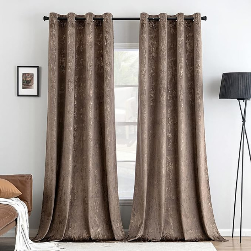 MIULEE aizkari, samta, necaurspīdīgi ar apdrukas zelta rakstu, komplekts 2gb,, 140 x 245 cm (platums x augstums), brūns