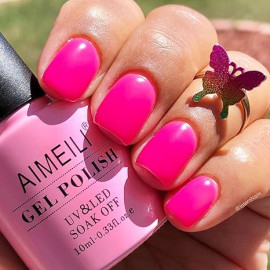 AIMEILI Soak Off U V LED Hot Pink Gel Nail Polish - Neon Peachy Pink (056) 10ml