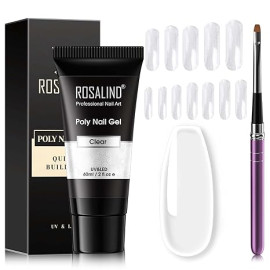 ROSALIND Clear Poly gēla nagu pieaudzēšanas komplekts 60ml, caurspīdīga krāsa, ar 12gb gēla nagu formām un otiņu