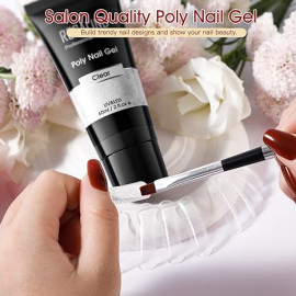 ROSALIND Clear Poly gēla nagu pieaudzēšanas komplekts 60ml, caurspīdīga krāsa, ar 12gb gēla nagu formām un otiņu