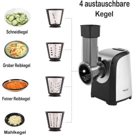 Elektriskā virtuves rīve ar 5 konusa asmeņiem, 150 W,  ar vienas pogas vadību, piemērota augļiem un dārzeņiem.