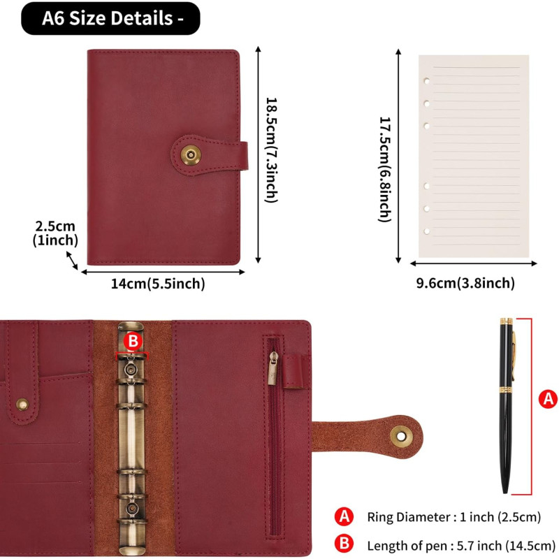 Wonderpool Ādas spirālveida piezīmju grāmatiņa ar pildspalvu, atkārtoti uzpildāma (vīna sarkana, A5)