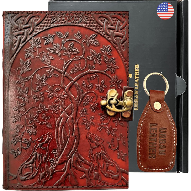 URBAN LEATHER Grimuārs/Ēnu grāmata ādas vākos -  dzīvības koks un vilks