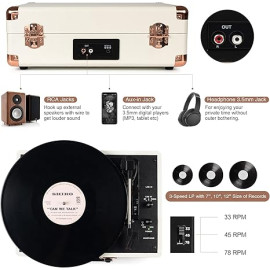 3 ātrumu 33/45/78 apgr./min čemodāna stila Bluetooth atskaņotājs.